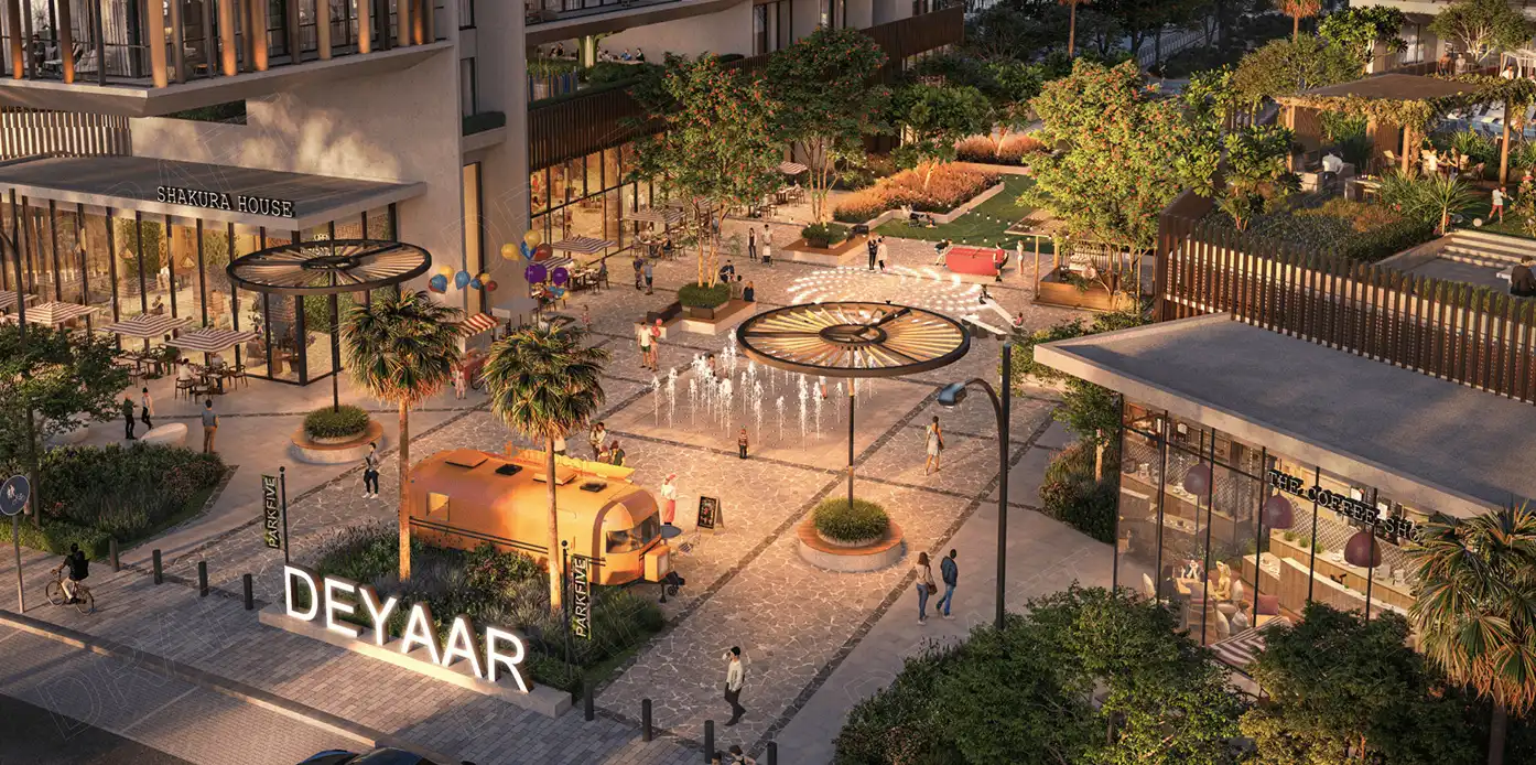 aerial drone view of Elm at Parkfive in Dubai Production City